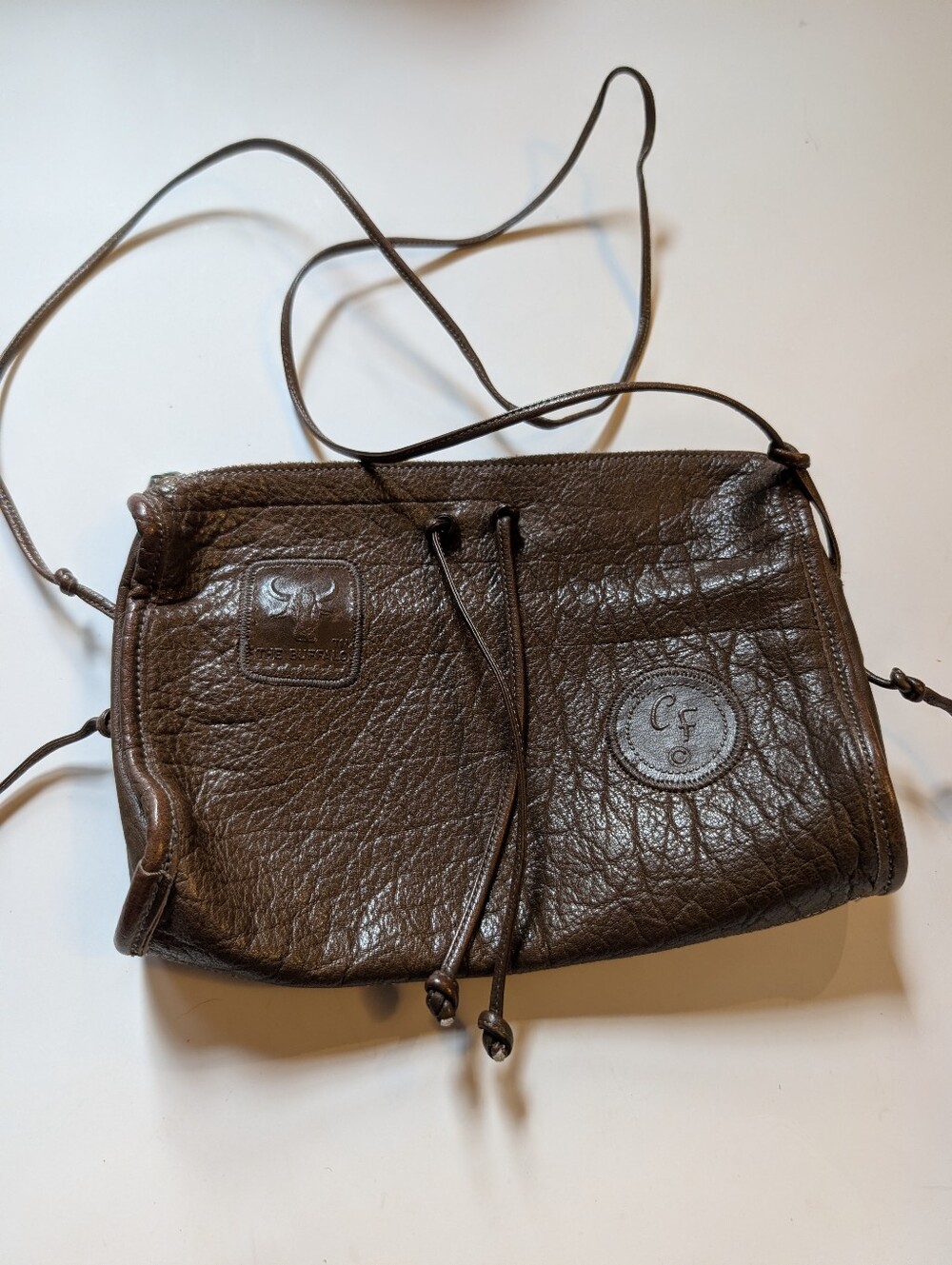 Vintage Carlos Falchi Buffalo Leather Crossbody Bag Brown Pebble Drawstring VGUC